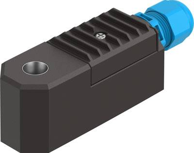 Ein rechteckiger, schwarzer Metallblock mit geriffelter Oberseite und blauer Anschlusskappe; möglicherweise ein technisches Bauteil.