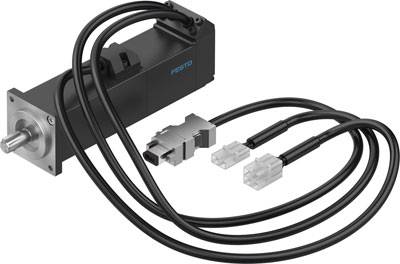 Ein elektrischer Antrieb mit Kabelverbindungen und Steckern. Der Antrieb ist schwarz und länglich, geeignet für industrielle Anwendungen.