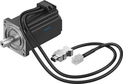 Schwarzer Servomotor mit Kabeln und Steckverbindern, Seitenansicht, betont die Anschlussmöglichkeiten und kompakte Bauweise.