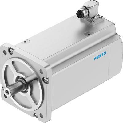 Servomotor von Festo in grau, rechteckige Form mit montierter Anschlussdose oben, sichtbar sind die Befestigungslöcher an der Vorderseite.