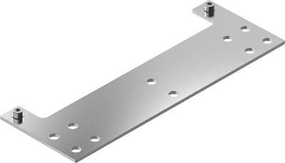 Metallplatte mit mehreren gebohrten Löchern und zwei angebrachten Bolzen, möglicherweise zur Befestigung in mechanischen Anwendungen.