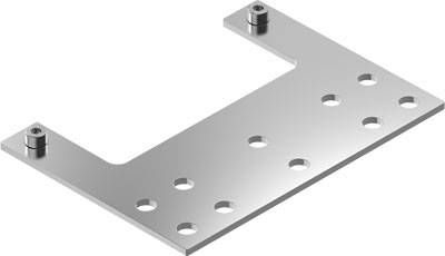 Metallplatte mit U-Form und mehreren gleichmäßig verteilten Löchern. Oben an den Ecken befinden sich zwei Schraubbefestigungen.
