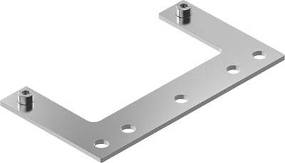 Metallhalterung mit rechteckiger Form, vier Bohrlöcher und zwei hervorstehenden Bolzen an den Ecken. Verwendung in Maschinenbau.