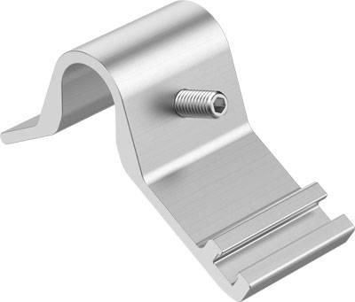 Metallhalterung mit abgerundeter Kante und Schraube in der Mitte, verwendet zur Befestigung von Gegenständen auf ebenen Flächen.