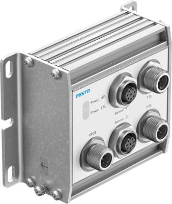 Ein silbernes elektrisches Gerät mit mehreren Steckverbindungen und der Aufschrift 'Festo'. Blende mit Beschriftungen zu Power und Sensoren.