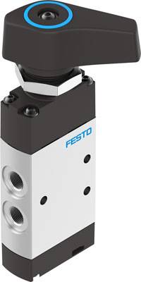 Ein Hebelventil von Festo, vertikal positioniert, mit zwei seitlichen Anschlüssen. Es ist kompakt und weist ein schwarzes Bedienungselement auf.