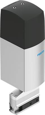 Ein elektrischer Greifer von Festo mit einem schlanken Design, bestehend aus einem schwarzen und silbernen Gehäuse. Hauptsächlich verwendet in der Automatisierungstechnik.