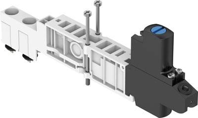Ventilblock mit zwei eingebauten Schrauben und schwarzem Ventil, verwendet in pneumatischen Systemen für die Regelung des Luftflusses.