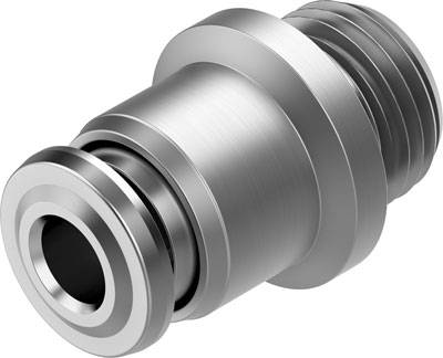 Metallischer Rohrverbinder, zylindrisch, mit Gewinde und glatter Oberflächenstruktur, dient zur Verbindung von Rohren oder Schläuchen.