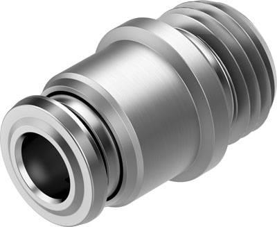 Silberner maschineller Anschlussadapter mit Schraubgewinde und Dichtungsringen, verwendet für präzise Verbindungen in technischen Anwendungen.