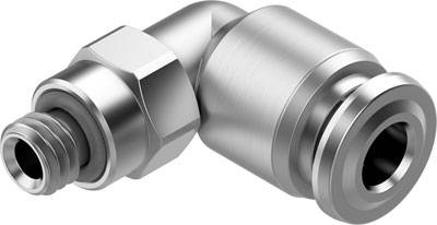 Metallische Winkelarmatur mit Schraubgewinde und Steckverbindung, geeignet für industrielle Rohrleitungen und Pneumatiksysteme.