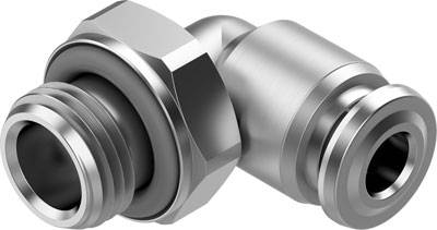 Eine Metallverschraubung mit zwei Winkelverbindungen. Verwendet zum Verbinden von Rohren in hydraulischen oder pneumatischen Systemen.