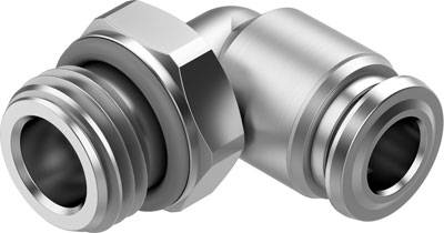 Ein metallener Winkelverbinder mit zwei Gewindeenden. Er wird verwendet, um Rohrleitungen in einem 90-Grad-Winkel zu verbinden.