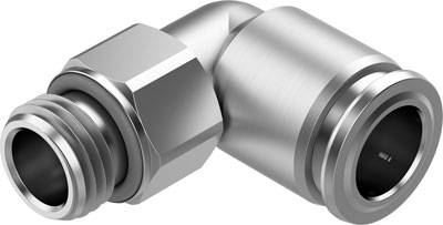 Ein silbernes Metallrohrverbindungsstück in L-Form, das für industrielle Rohre oder Schlauchverbindungen verwendet wird.