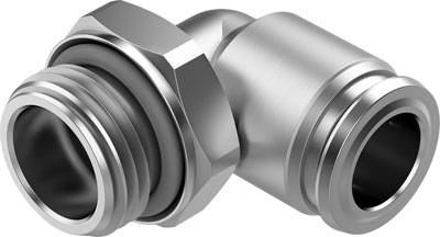 Metallwinkelverbinder mit zwei Gewinden, dient zum Verbinden von Rohren im rechten Winkel.