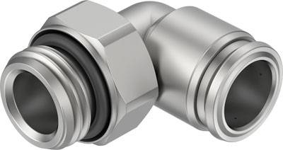 Metallisches Rohrverbinderstück mit Winkeladapter, bestehend aus zwei ineinandergreifenden Schraubverbindungen.