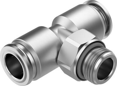 Metallisches T-Stück-Fitting mit glatter, reflektierender Oberfläche, das zur Verbindung von drei Rohren dient.