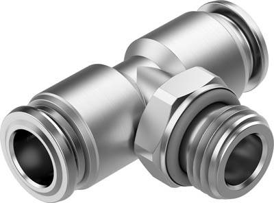 Metall-Verbindungsstück in T-Form mit Gewinde und glatter Oberfläche, oft verwendet in Rohrleitungssystemen.