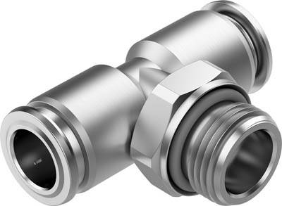 Metallisches T-Stück-Fitting, das zwei Rohre miteinander verbindet. Geeignet für hydraulische oder pneumatische Systeme.