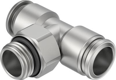 Metallisches T-Stück für Rohrleitungen, mit zwei gegenüberliegenden Gewindeanschlüssen und einem mittleren Verbindungsstück.