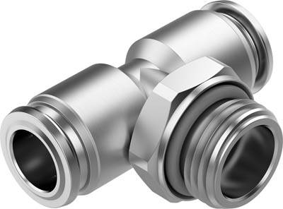 T-förmiges Metallrohrverbindungsstück mit Gewinde und glatten Enden, verwendet zur Verbindung von Schläuchen oder Rohren.
