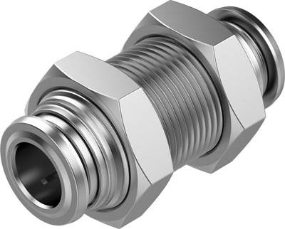 Eine silberne Metallverschraubung mit Gewinde, verwendet zur Verbindung von Rohren oder Schläuchen in industriellen Anwendungen.