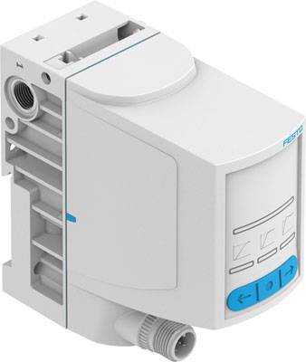 Ein elektronischer Druckregler von Festo mit Bedienelementen und Anschlüssen, verwendet in der Industrie zur präzisen Druckeinstellung.