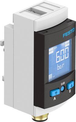 Ein elektronischer Druckregler von Festo zeigt auf einem Bildschirm 6,00 bar. Zwei blaue Pfeiltasten sind unter dem Display sichtbar.