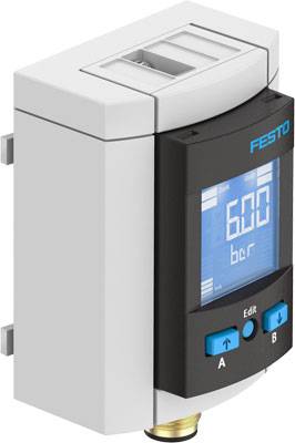 Ein elektronischer Druckregler von Festo zeigt auf einem digitalen Display einen Druck von 6,00 bar an.