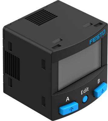 Ein schwarzes, würfelförmiges digitales Anzeige- und Steuergerät mit einem Display und blauen Tasten. Rechts oben ist das Logo 'FESTO'.