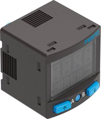 Elektronischer Druckregler von Festo mit rechteckigem Gehäuse und Anzeige. Zwei blaue Tasten unten auf der Vorderseite.