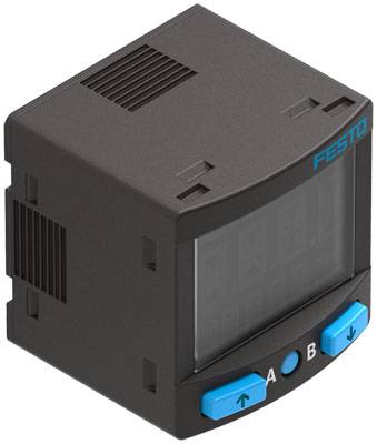 Ein rechteckiges elektrisches Messgerät von Festo mit digitaler Anzeige und zwei blauen Tasten auf der Vorderseite.