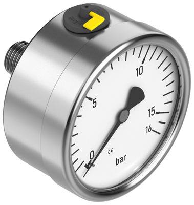 Manometer zeigt Druckskala von 0 bis 16 bar, Nadel steht auf 0. Metallgehäuse, obere Ansicht zeigt Einstellknopf in Gelb.