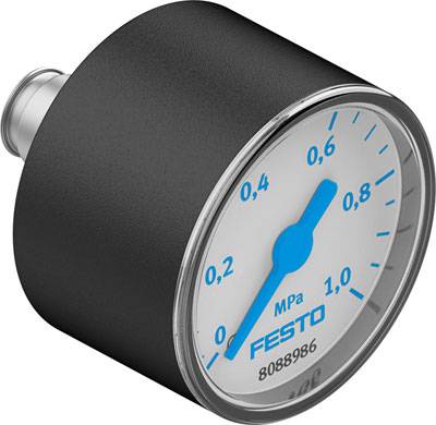 Analoges Manometer von Festo zur Druckmessung, zeigt einen Bereich bis 1,0 MPa an, Gehäuse in Schwarz mit blauer Skala und Zeiger.