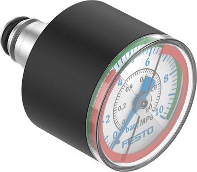 Druckmesser mit Skalen in bar und MPa. Zeigt auf 5 bar. Schwarzes Gehäuse, Herstellerlogo 'FESTO' sichtbar.