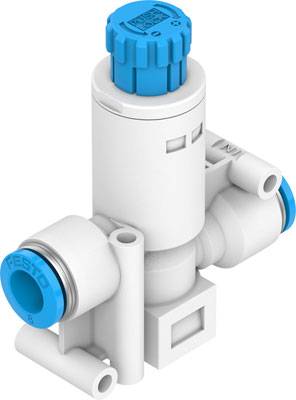 Industrielles Druckregelventil von Festo, weiß mit blauen Komponenten, für die präzise Regulierung von Druckluft in Pneumatiksystemen.