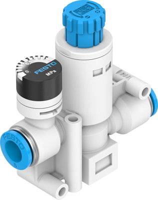Detaillierte Darstellung eines Druckreglers mit blauem Einstellknopf und Festo-Logo, geeignet für präzise Drucksteuerung in Pneumatiksystemen.
