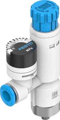 Druckregler von Festo in Blau und Weiß mit MPa-Anzeige, Skala und Anschluss für Pneumatiksysteme.