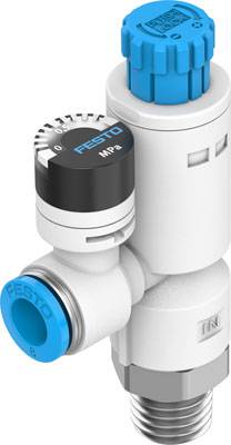 Ein weißes und blaues Pneumatikventil von Festo mit Druckregelungselementen und Anschlussgewinde, geeignet für industrielle Anwendungen.