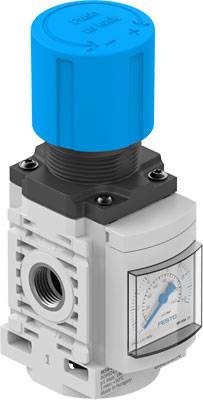Druckregler von Festo mit blauer Kappe und integriertem Manometer, zeigt Druck von 0 bis 10 bar. Geeignet für Pneumatikanwendungen.