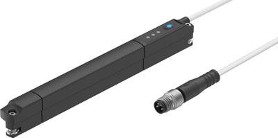 Ein schwarzer linearer Sensor mit Kabel und Stecker ist abgebildet. Zwei blaue LED-Anzeigen zeigen den Betriebsstatus an.