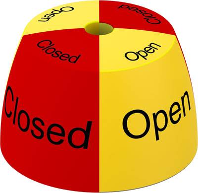 Konusförmige Anzeige zur Statusanzeige: Der obere Teil halbiert in 'Open' (gelb) und 'Closed' (rot). Der Rand zeigt 'Closed' und 'Open'.