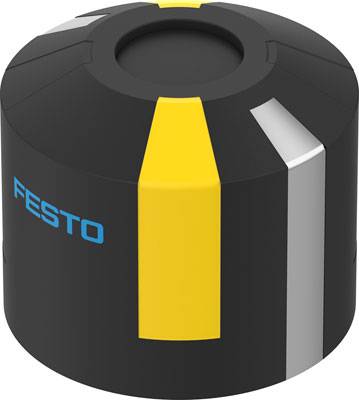 Schwarzer zylindrischer Gegenstand mit gelben, weißen und grauen Streifen und blauem 'FESTO'-Logo, vermutlich ein technisches Gerät.