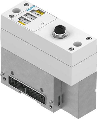 Ein weißes pneumatisches Ventil von Festo mit Steckverbindungen und einem schwarzen Drehregler auf der Oberseite.