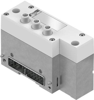 Das Bild zeigt ein mechanisches Bauteil aus Metall und Kunststoff, vermutlich ein Modul mit mehreren elektrischen Anschlüssen oben und an der Seite.