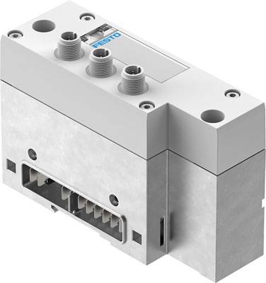 Ein pneumatisch-elektrisches Bauteil mit Anschlüssen und einem Festo-Logo. Verwendet in automatisierten Systemen.