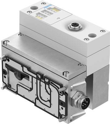 Ein silbernes Ventil mit rechteckigem Aufsatz, vier Schrauben und einem runden Anschluss an der rechten Seite, vermutlich industrieller Einsatz.