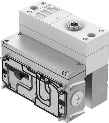Ein graues mechanisches Ventilmodul mit Festo-Logo oben links. Das Bauteil zeigt verschiedene Anschlüsse und ein Schraubelement.