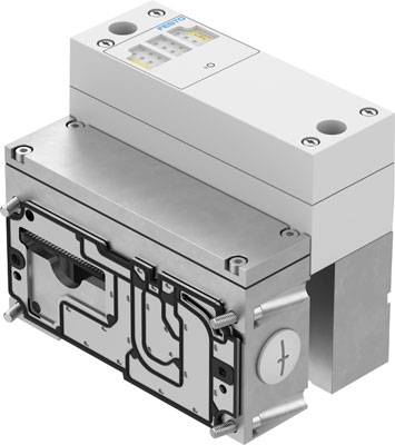 Ein pneumatisches Ventil mit rechteckigem Gehäuse und Anschlüssen. Das Festo-Logo ist oben sichtbar. Geeignet für industrielle Anwendungen.
