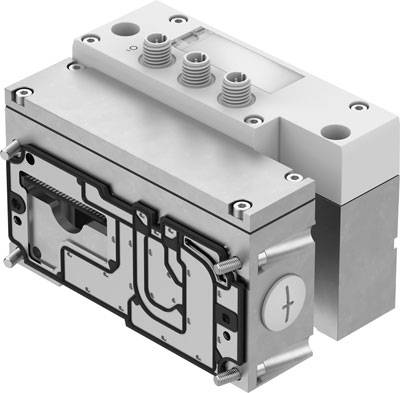 Ein komplexes mechanisches Bauteil mit mehreren Anschlüssen und Schrauben an der Oberfläche, vermutlich ein Teil einer Maschine oder eines Geräts.